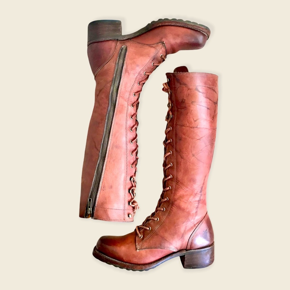 Frye Campus Lug Lace Up Cognac/Saddle Distressed Vintage Leather Heeled Boots - Picture 16 of 16